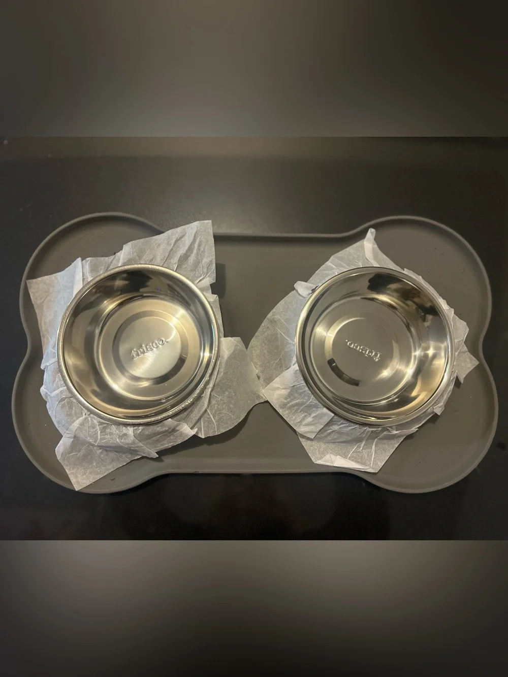 Frisco Stainless Untippable Steel Pet Bowls on a silicone bone shaped mat. NWT